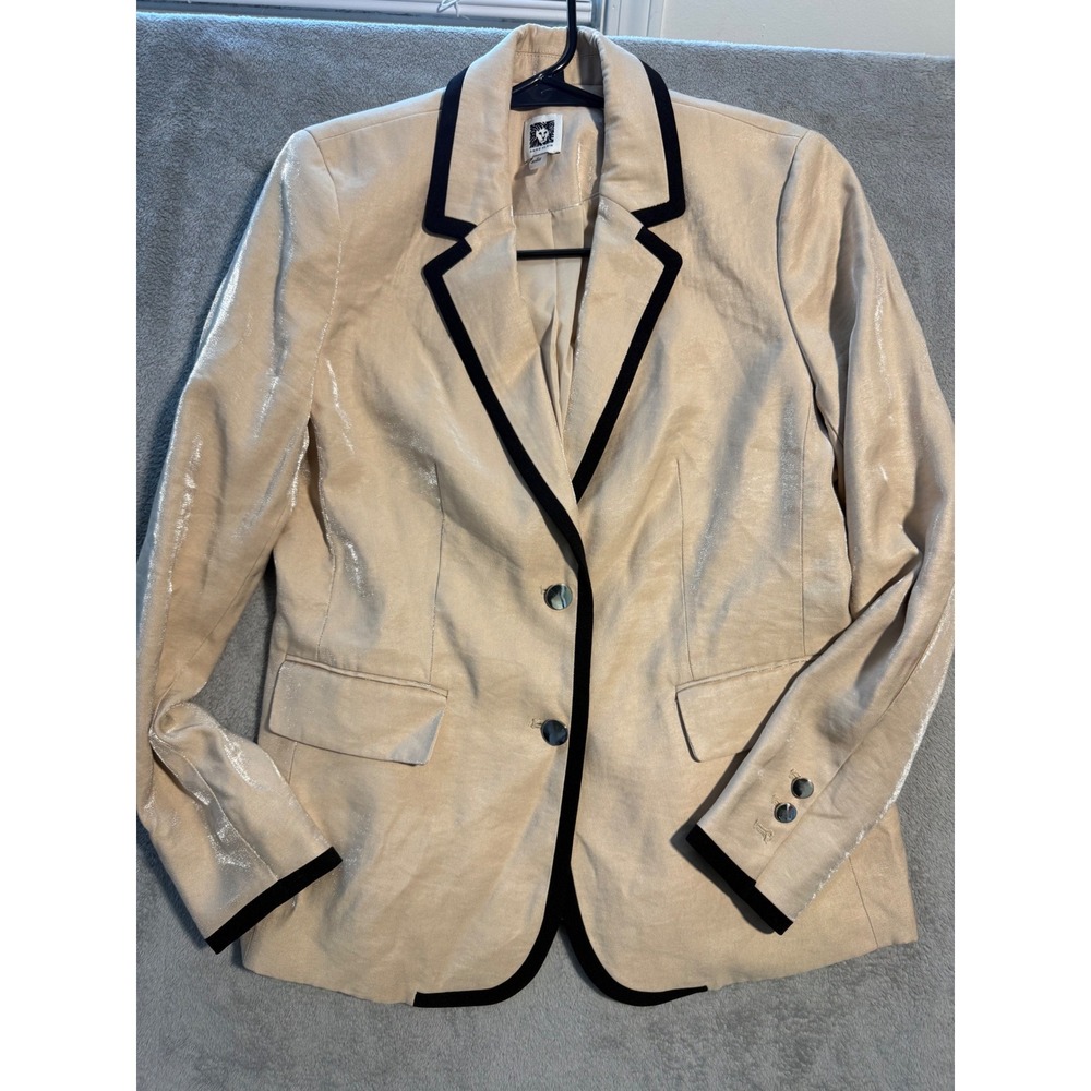 Anne Klein Champagne Metallic Blazer Black Trim Silver Buttons Size 8